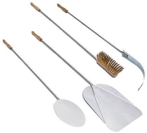 Paluplus Set 4 Pale Pizza in Alluminio con Manici in Legno di Faggio, Lunghezza circa 120 cm, kit composto da: Pala Rettangolare, Pala Rotonda, Spazzola per Forno e Pala Spargi Brace, Made Italy -197