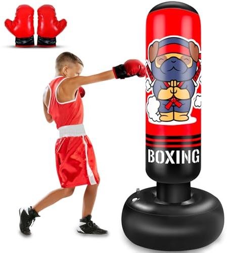 Sac de Frappe Enfant, 165cm Punching Ball Enfants, Sac de Boxe Gonflable avec Gants de Boxe, Cadeau pour Garçons et Filles de 3 à 12 Ans pour Karaté, Taekwondo, MMA(Ninja Dog)