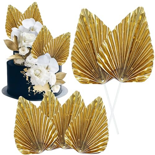 Gyufise Lot de 6 décorations de gâteaux en papier doré vif en forme d'éventail de palmiers, feuilles de palmier, décorations pour cupcakes, loisirs créatifs, pâtisserie, fête d'anniversaire, fête de