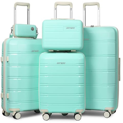 Joyway Kofferset 5tlg Hartschale mit 4 Rollen und TSA-Schloss Der Gepäcksets Enthält 1 Kosmetikkoffer und 1 Tragbare Tasche Hellgrün/Beige