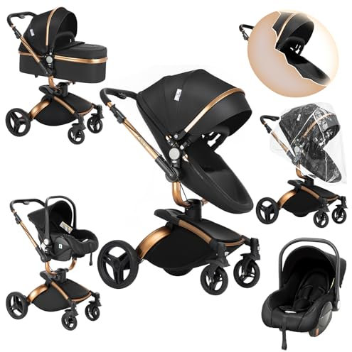 Sianldcone PU-Leder Kinderwagen 3 in 1, 360° Drehbarem Sitz Kinderwagen Set, Zwei-Wege-Schiebefunktion Reisesysteme, Offene Sicht Kombikinderwagen 3 in 1 Komplettset (906 Black)