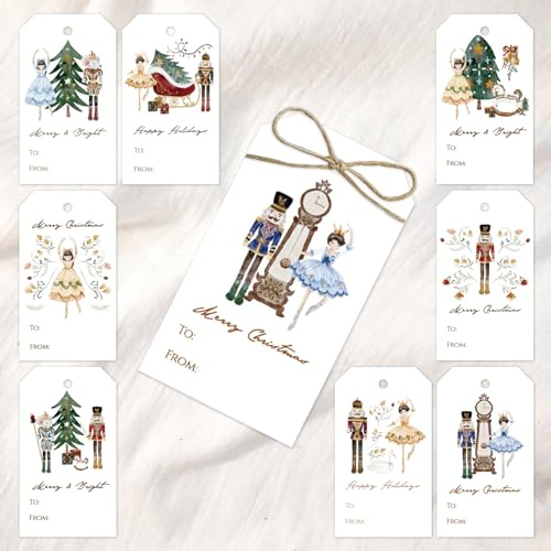Whaline 120Pcs Merry Christmas Paper Gift Tags Nutcracker Hanging Labels with Hemp Rope for Xmas Name Present DIY Crafts, 8 Designs