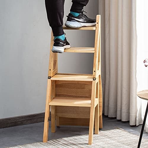 Wooden 4 Step Ladder Chair Folding Multifunctional Stool for Kitchen Office Library Innovative Transforming Design