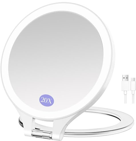 FUNTOUCH Wiederaufladbarer Kosmetikspiegel mit Beleuchtung, Reisespiegel mit 1X / 20X Vergrößerung, 3 Farbige Beleuchtung Schminkspiegel, Dimmbarer Touchscreen, Faltbarer Tragbarer Make up Spiegel