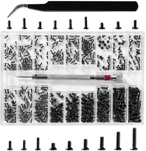 Lyeteung 500 PCS 18 Sizes M1.2/M1.4/M2 Tiny Micro Repair Screw Kit, Electronic Repair Micro Screws, Tiny Micro Screws Set, with Screwdriver and Tweezers, for Spectacles, Laptop, Watches, Black