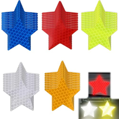 HQRKOTM 50 Stück Warnung Reflektierende Aufkleber – 5 Farben Reflektierende Sicherheitsaufkleber, Wasserdichter Reflektoraufkleber, Reflektorband Selbstklebend für Fahrzeuge, Fahrräder(Stern)