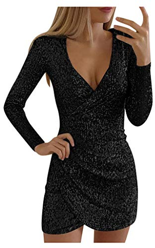 Metallic Oberteil Damen Pailletten Kleider Knielang, Damen Kurz Glitzerkleid Langarm V-Ausschnitt Glänzende Kleider Sexy Partykleid Cocktailkleid Bodycon Enges Party Minikleid Wickelkleid Festkleid