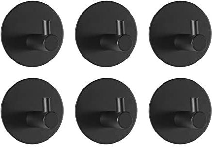 JS Adhesive Hooks Black Waterproof Towel Hook Extra Sticky Stainless Steel for Hanging Stick on No-Nail Hook for Back of Door for Bathrooms Shower Kitchen,6Pack