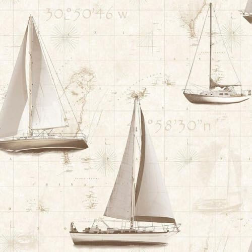 Sailing Seaside Wallpaper - Ship Boat Beige Map - Travel Nautical Vintage Exploration - Paste The Wall