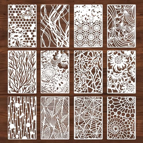 Leikedun 12Pcs Stencils for Painting Texture Stencils for Crafts | Reusable Natural & Geometric Patterns, Versatile for Canvas Bag, Card, Wall, Wood Fabric Furniture, DIY Art