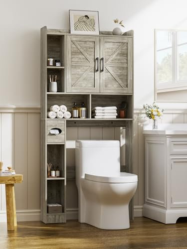 FiveWillowise Over Toilet Storage Unit, Bathroom Storage Cabinet with Barn Doors, Space Saving Over Toilet Shelf Unit with Adjustable Open Shelves