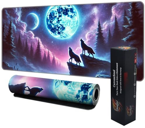 CanvasSoul Gaming Mauspad XXL – 3 mm Premium-Polsterung für präzises Gaming, rutschfeste Unterseite, Vernähte Ränder – stylisch & langlebig für Dein Setup (Lunar Wolf Night, 800 x 300 x 3 mm)