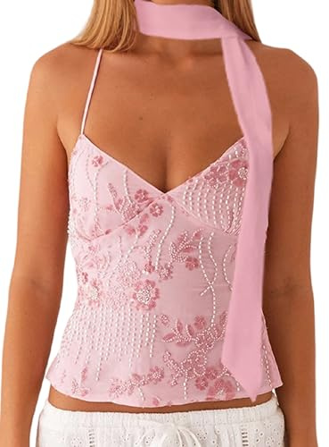 Damen-Top mit Pailletten, glitzernd, Neckholder, Y2K, Perlenverzierung, sexy Tank-Top, Ausgehen, Party, Clubwear