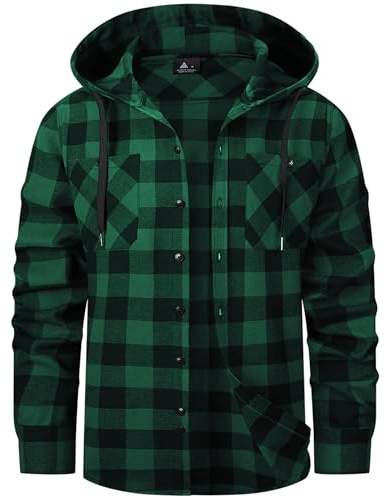 Mens Flannel Checked Shirt Long Sleeve Button Down Plaid Shirts with Hood | Casua Daily Shacket ,Lumberjack Work Jacket,2 Front Button Chest Pockets, Hat Bag With Drawstring