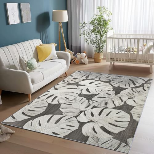 Generisch Abstrakt Illustration Monstera Drucken Teppich Mit Anti-Rutsch Unterseite, Grau Pflegeleicht Teppiche für Wohnzimmer Schlafzimmer Esszimmer Flur Hotel, Kurzflor Teppich 80 x 150 cm