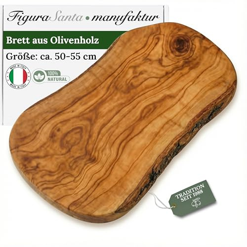 Olivenholz Schneidebrett, Rustikales Holzbrett für die Küche, Käsebrett und Antipasti Servierplatte, Olivenholzbrett Handgefertigt seit 1988 (50-55cm)
