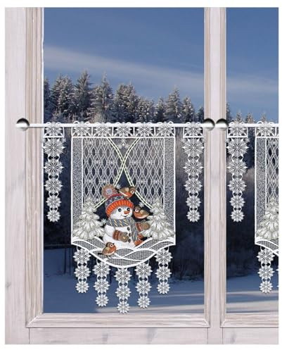 Deko-Set Scheibengardine Fröhliche Winterzeit mit Schneemann Vogtländische Spitze - Winter-Scheibenhänger mit süßen Vögelchen als Kindermotiv individuelle Deko | Gestickte Kurzgardine Schneeflocken