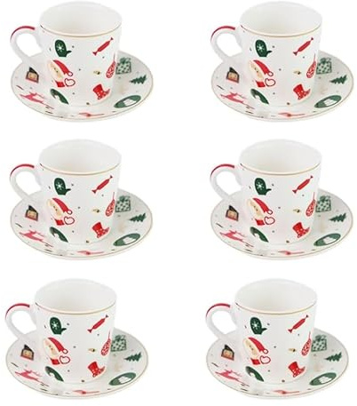 Villa Altachiara Tazzine Caffè, Set 6 Pezzi Fantasia del Natale in Porcellana con Piatto – Tazzine Caffè Particolari con Decorazioni Natalizie e Idea Regalo Natale per la Tavola delle Feste