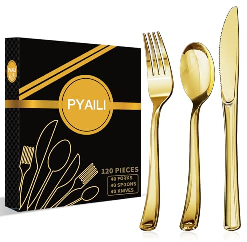 PYAILI - 120 Elegant Gold Plastic Cutlery Set - 40 Knives, 40 Forks, 40 Spoons - Hand Washable, Reusable & Heavy Duty Tableware for Weddings, Birthday, Parties & Events
