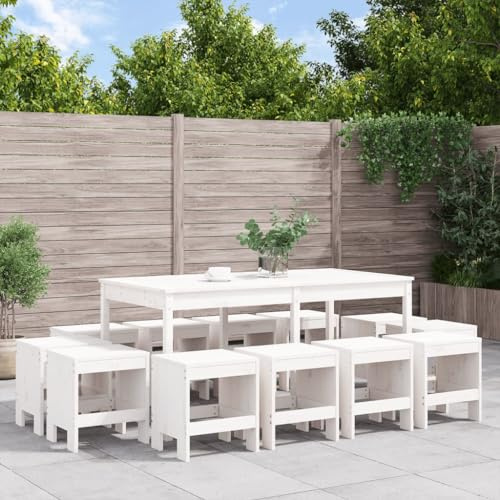 Tonture 13-TLG. Garten-Essgruppe Weiß Massivholz Kiefer, Robuste Tischplatte, Praktisches Design für Terrasse, Balkon, Außenbereich, 12 Hocker