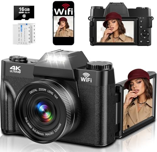 4K Digital Camera with WIFI, 75MP UHD Compact Cameras, 3 Inch 180° Flip Screen 16X Digital Zoom Autofocus Rechargeable Vlogging Camera with 16GB Card & 2 1500mAh Batteries for Beginners Teenagers