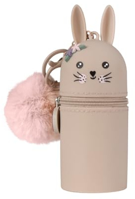 Lulubug Schlüsselanhänger Kinder Tiere - Hase Hoppy | mit Puschel & Namensschild | Abwaschbar | Mini Silikon Anhänger Abwaschbar für Schlüsselbund, Ranzen, Rucksack, Jacke | 5 x 5 x 10 cm