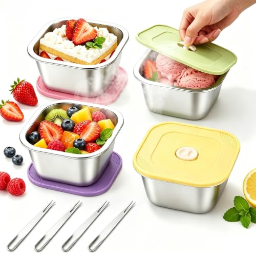 4 Coupelles Dessert Inox 400ml, , Boîte Alimentaire Inox Réutilisable | Boite Gouter Couvercles Colorés, pour Crème Glacée Gâteaux Fruits Snacks, Lunch Box Boîte Goûter avec 4 Cuillères