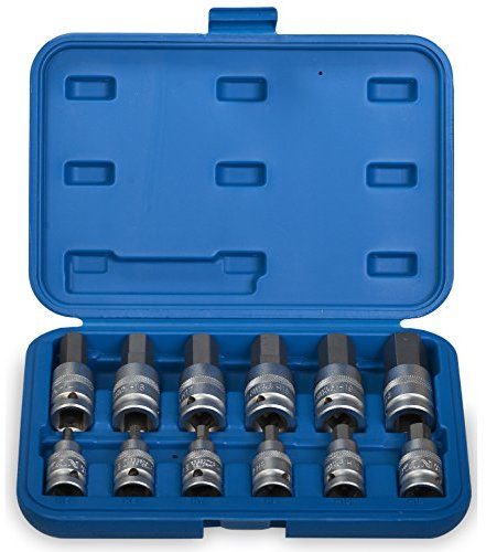 Kraft Steckschlüsselsatz/Innensechskant 5 bis 22 mm mit Bohrung für Kugelarretierung/Schraubenschlüssel-Einsatz Nuss Innen-6-kant Steckschlüsseleinsatz 1/2-Antrieb Chrom-Vanadium-Stahl, 12-tlg.