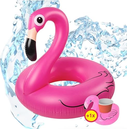 Flamingoring ca. 110 cm Schwimmring Flamingo aufblasbar Pool & Wasser mit je Getränkehalter für Erwachsene & Kinder (1x Flamingo Schwimmring Set)
