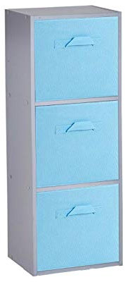 URBNLIVING Wooden Bookcase Grey 3 Tier + 3 Sky Blue Drawer