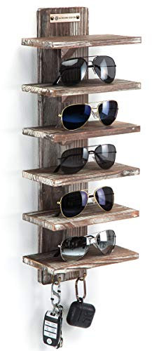 J JACKCUBE DESIGN Rustic Wood Wall Mount Sunglasses Organiser 6 Tiers Rack with 2 Hooks Glasses Storage Box Display Cabinet