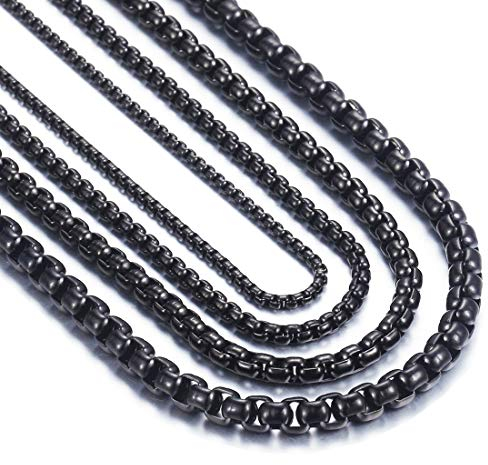 OSTAN Herren Damen Edelstahl Schwarz Box Kette Briolette Venetian Link Collier Halskette Breite 2 MM Länge 60 CM