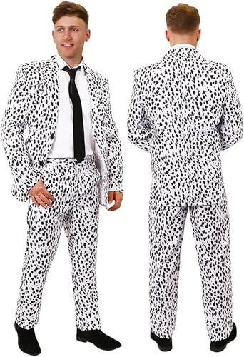 Mens Dalmatian Suit Costume - X-Large - Dalmatian Print Suit Jacket & Trousers, Black Tie - Adults Halloween TV Film Fancy Dress Costume