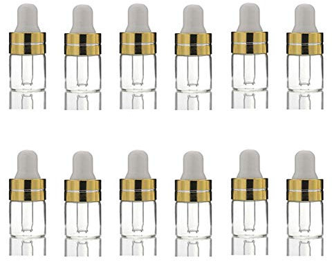 12Pcs 2ml Empty Glass Clear Essential Oil Dropper Bottles Refillable Makeup Cosmetic Sample Storage Vials with Glass Dropper and Rubber Cap for Aromatherapy Perfume Sample