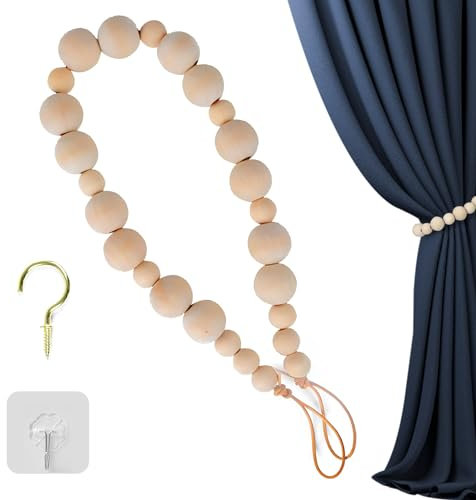 Natural Wooden Beads Curtain Tie Backs - Hand Knitting Curtain Rope Ties with 2 Hooks for Home, Office, Hotel, Store Decorative