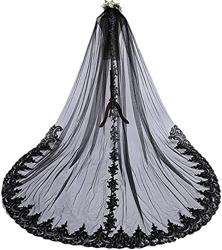 ABWYB Langer Schwanz Damen Hochzeit Brautschleier Spitze Applikationen Rand Persönlichkeit Weicher Tüll Zubehör 1 Etage Kathedrale Brautschleier Kopfschmuck mit Kamm für Cosplay Party,Schwarz,3M × 3M