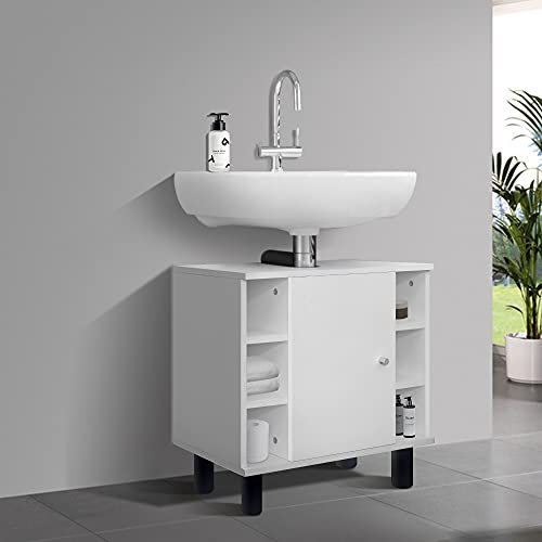 ML-Design Meuble sous Lavabo, Blanc, 60 x 54 x 32 cm, avec 1 Porte et 6 Étagères, Panneau MDF Finition Mélaminée, Armoire Bas sur Pied pour Salle de Bain, Placard de Rangement sous Évier Vasque