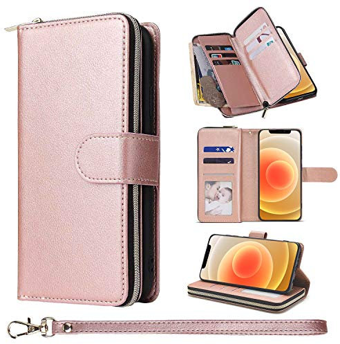 ZCDAYE Wallet Phone Case for iPhone 13, Premium Leather Case with Card Slots Magnetic Closure Zipper Pocket, Retro Elegant Women Ladies Flip Phone Cover Holster for iPhone 13,Rose Gold