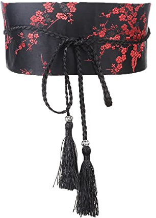 FAD-4U Damen Kimono Baumwolle Obi Gürtel Japanischer Stil Bestickt Breiter Bund Girdle mit Quaste Yukata Robe Accessoires, Schwarz Rot, Einheitsgröße