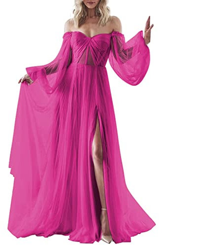 Vestido de fiesta de boda para mujer, de manga larga, elegante, dividido en el hombro fruncido, vestido de dama de honor, fucsia, 34