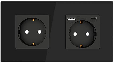 PULSAR Steckdose Unterputz mit USB-C, USB-A 2-Fach Schwarz Glas - Schuko-Steckdose mit 20W Schnellladegerät - Wandsteckdose 16A mit Kindersicherung 157x86mm