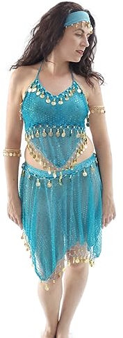 Conjunto de Top y Falda con Monedas y Tela de Lentejuelas para Bailar o disfrazarse de Danza del Vientre (Azul Turquesa/Dorado)