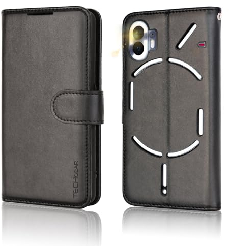 TECHGEAR for Nothing Phone 2 Leather Wallet Case, Flip Protective Case Cover with Wallet Card Holder, Stand and Wrist Strap - Black PU Leather with Magnetic Closure Designed For Nothing Phone 2