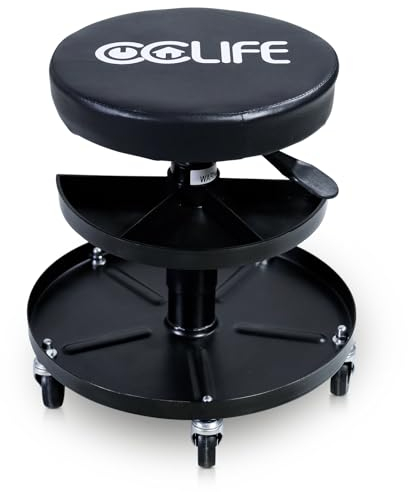 CCLIFE Tabouret d'atelier à roulettes Max.150 kg avec 2 Plateaux Range Outils Tabouret de Travail Réglable en Hauteur 38-50 cm