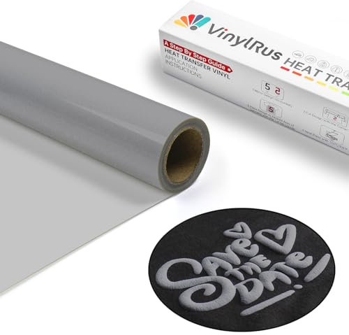 VinylRus Silver Puff Heat Transfer Vinyl -12” x 6ft Puffy 3D Grey Iron on Vinyl for T-Shirt, Gray Puff HTV Vinyl Roll for Silhouette Cameo,or Maker, Easy to Cut and Weed