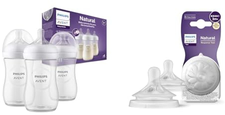 Philips Avent Lot de 3 biberons à Réponse Naturelle de 260 ml sans BPA & Avent Lot de 2 tétines pour biberon à Réponse Naturelle 0% BPA, Débit 4 pour Bébé de 3 mois + (modèle SCY964/02)
