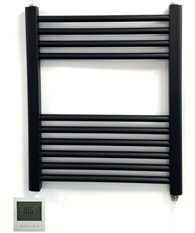 Greened House Black Electric Flat Heated Towel Rail Bathroom Radiator W500mm x H600mm with 7 Day Programmble Timer/Thermostat