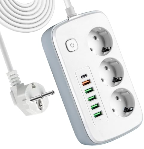Lotvic Regleta Enchufes con USB, Ladron Enchufe, Enchufe Múltiple USB con 3 Tomas y 6 Carga Rápida, Proteccion Sobretension para Oficina, Cocina, Compatible con Móviles, Blanco