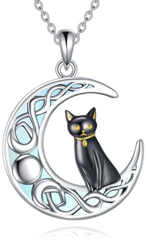 KZX Black Cat Moon Necklace Cat Gifts for Cat Lovers Sterling Silver Cats Necklace on the Moon Pendant Necklace with Birthday Anniversary Christmas Celtic Jewelry Gifts for Women Teen Girls