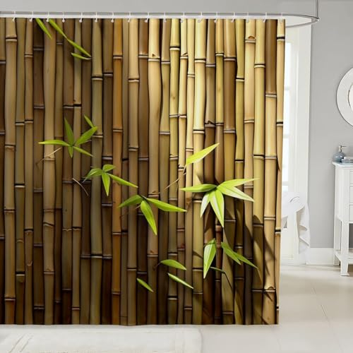 Tizhweqo Duschvorhang 150x180 Bambus, Wasserdicht Anti Schimmel Duschvorhänge 3D Bambusblätter, Shower Curtains Waschbar mit 8 Ringe, Duschrollo für Badewanne, Badezimmer MQ941